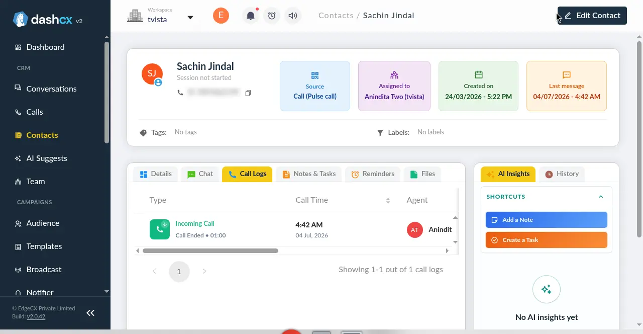 Call logs on a customer file